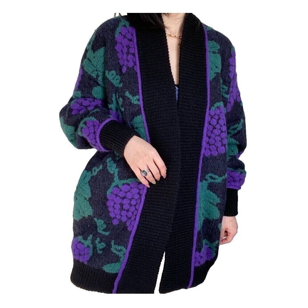 Michael‎ Carol Women Sz L Grape Print Cardigan Mohair Balloon sleeve Sweater R1